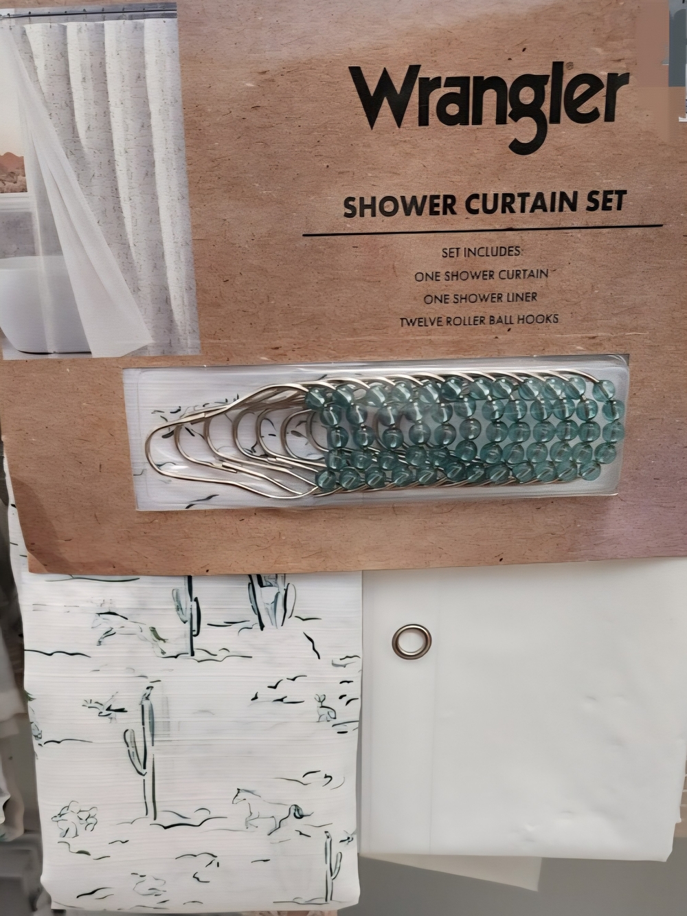 Wrangler White & Green Shower Curtain Set With Horses & Cactus